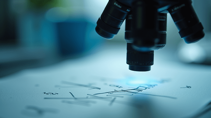 Close-up view of a forensic microscope analyzing handwriting strokes