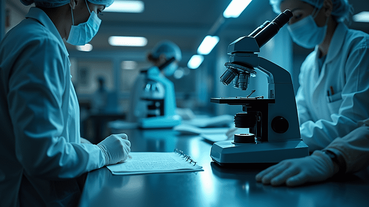 High angle view of forensic tools including microscopes and light sources on a lab table