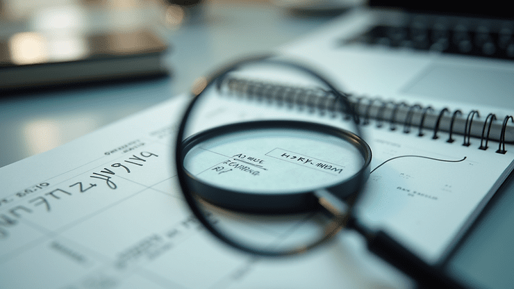 Eye-level view of a magnifying glass over handwriting sample