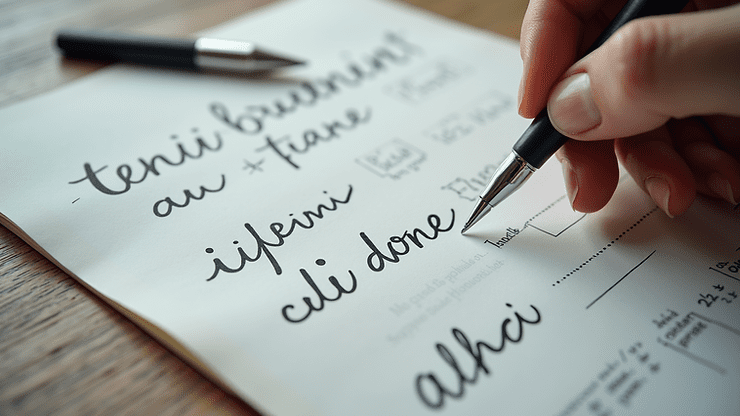 High angle view of a handwriting sample with annotations highlighting key characteristics