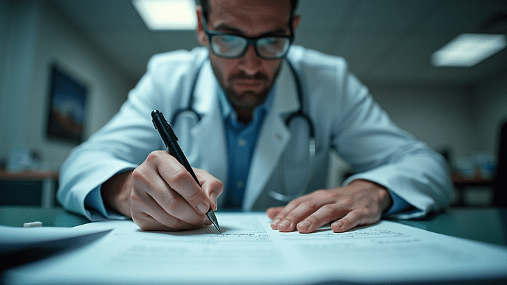 Eye-level view of a forensic expert comparing handwriting samples