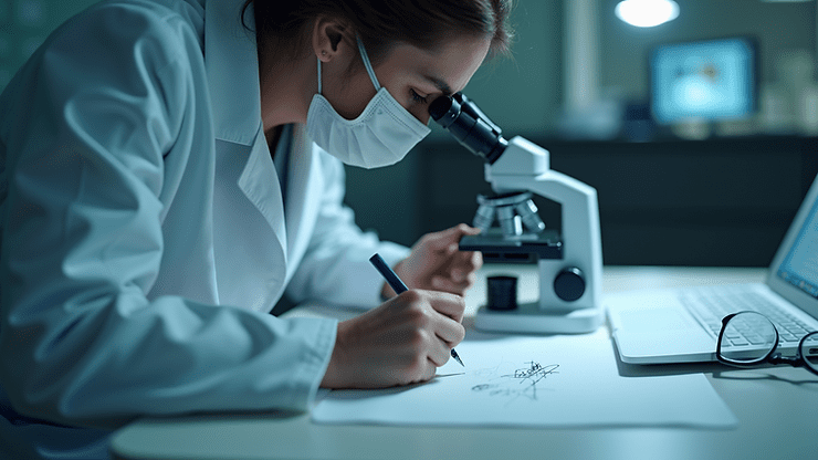 Close-up view of a forensic expert examining a signature under a microscope
