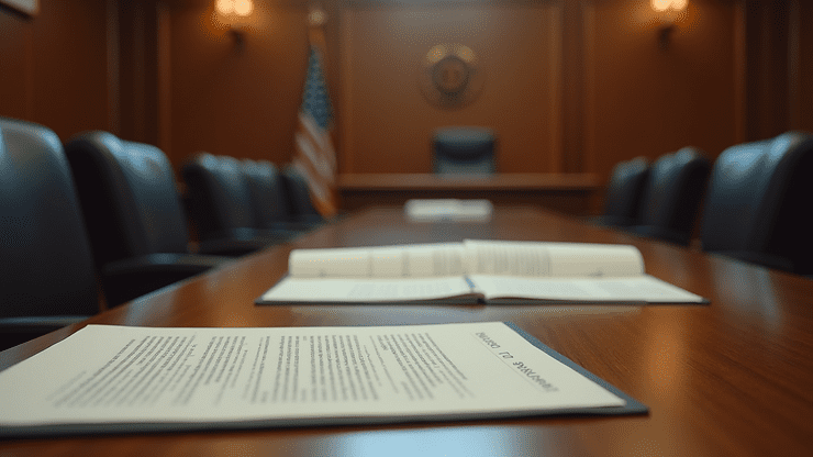 Eye-level view of a courtroom with legal documents on the judge's bench