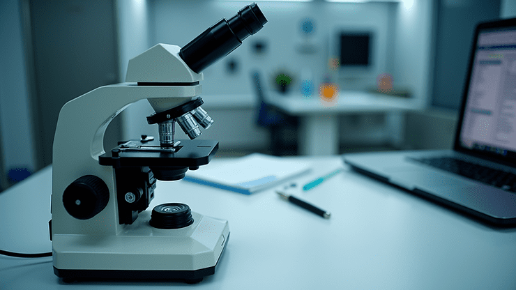 High angle view of a microscope and forensic tools used for document examination