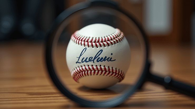 Eye-level view of a signed baseball with a magnifying glass inspecting the autograph