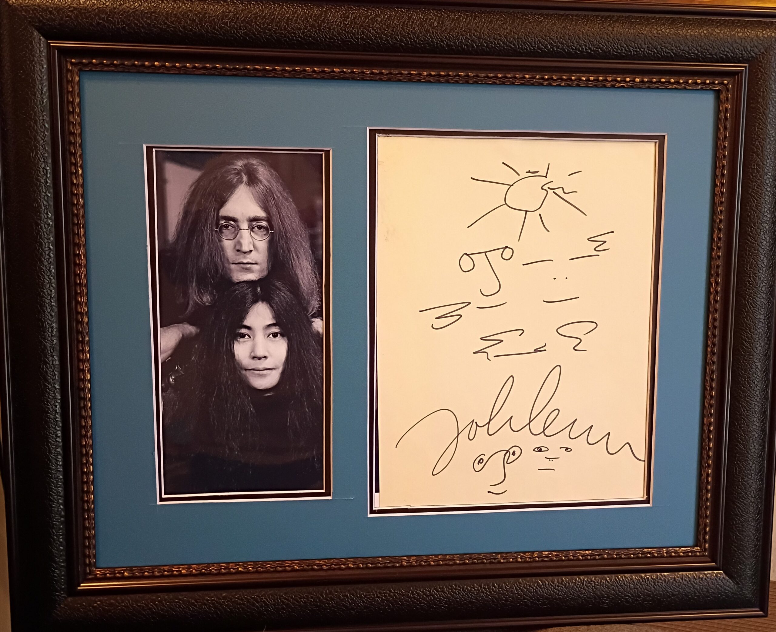 John Lennon autograph and sketch of him and Yoko